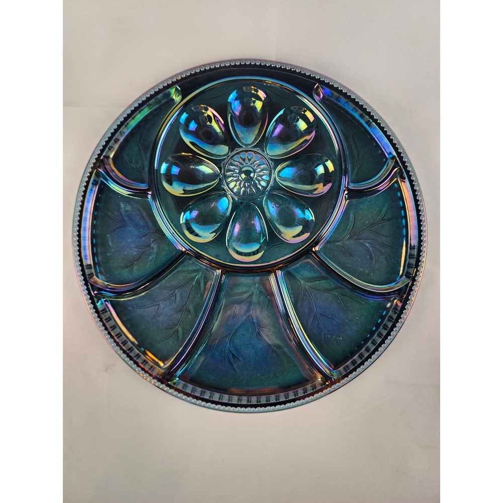 In Box Indiana Glass Carnival Deviled Eggs Hors D'Oeuvre Tray Blue Iridescent - Picture 3 of 7